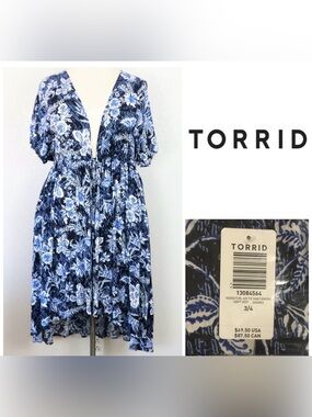 🆕TORRID - 3/4X - NWT - FLORAL BLUE WHITE MAXI HI-LO KIMONO CARDIGAN / KAFTAN